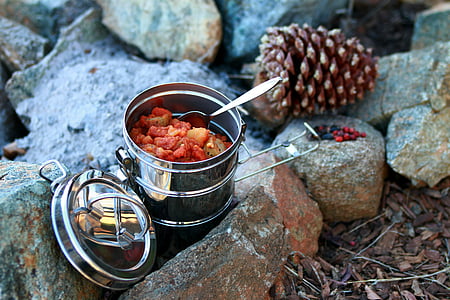 stainless steel tiffin box on rocks near brown pine cone during daytime thumbnail