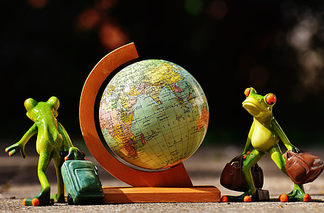 two green frogs holding luggage bags table figure thumbnail