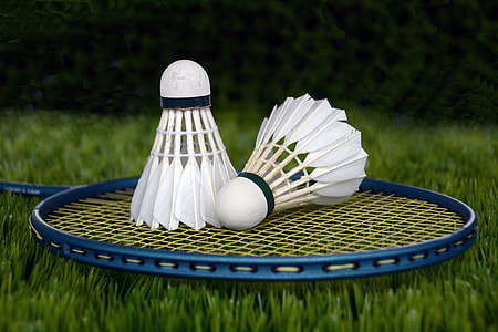 two white shuttlecocks on blue badminton racket thumbnail