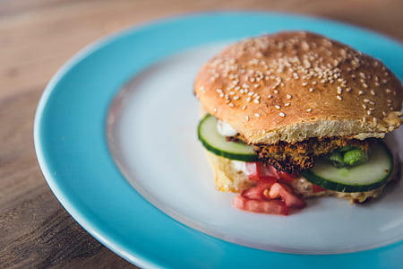 burger with cucumbers and meat on white and blue plate thumbnail