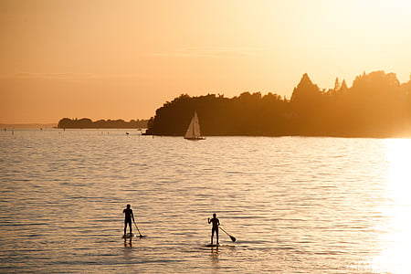 silhouette photography of two surfers standing on surfboards thumbnail
