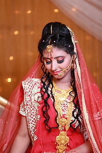 Woman in Red and White Sari Traditional Dress thumbnail