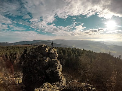 person on hilltop staring at trees during daytime thumbnail