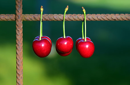 six cherries hanged on brown metal rod thumbnail
