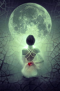 woman looking on moon digital wallpaper thumbnail