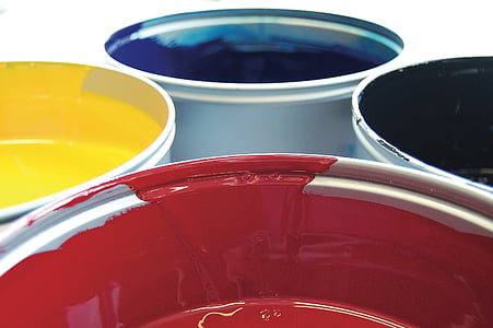 four assorted-color paint buckets thumbnail