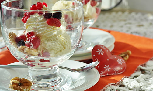 ice cream in glass on plate on table inside room thumbnail