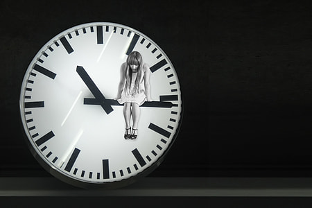 woman sitting on clock arm illustration thumbnail