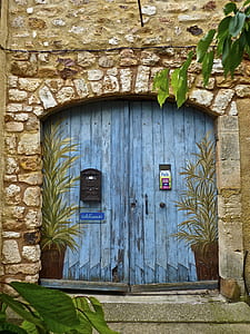 blue wooden door near trees thumbnail