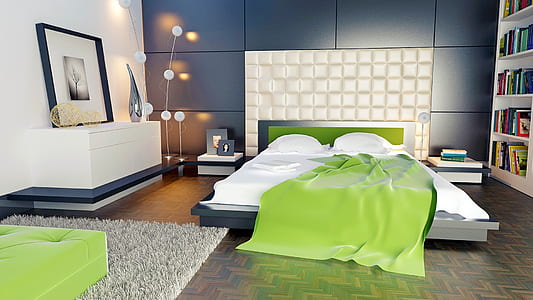 green comforter on white bed thumbnail