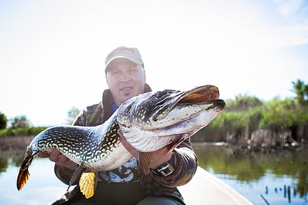 man holding black and white fish while riding white boat during daytime thumbnail