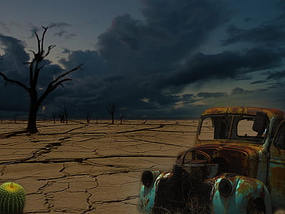 rusty vehicle near tree during cloudy sky thumbnail