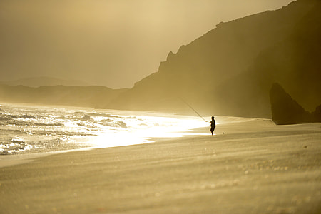focus photo of person holding black fishing rod on gray sea shore during golden hour thumbnail