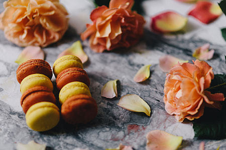 Overhead view of macarons on a marble slab thumbnail