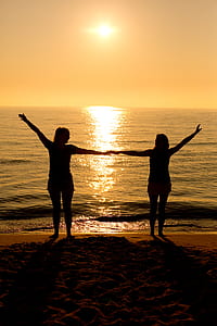 silhouette of two persons holding each others hand on beach thumbnail