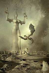 dragon flying near statue illustration thumbnail