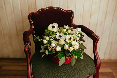 white flowers in pot on armchair thumbnail