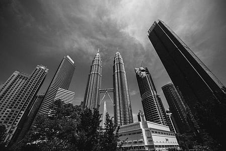 low-angle grayscale of Twin Towers under clear sky thumbnail