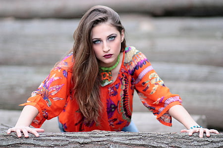 women's orange and multicolored floral shirt thumbnail