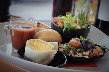 vegetable salad, bread, and sauce on tray thumbnail