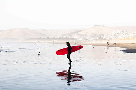 man holding red surfboard on seashore thumbnail