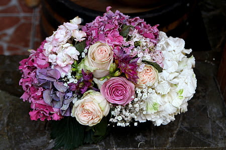 white, purple, and pink flower bouquet thumbnail