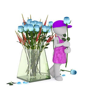 blue rose flowers in glass vase beside male mannequin holding rose flower and wearing pink cap and apron thumbnail