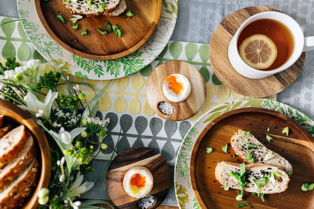 Breakfast served with tea, bread and eggs thumbnail