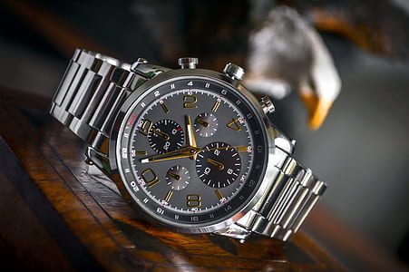 Silver Linked Bracelet Silver and Black Round Chronograph Watch thumbnail