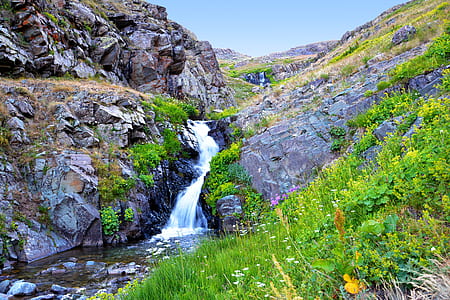 waterfalls near grass field thumbnail