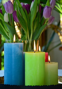 lit pillar candles beside purple tulips thumbnail