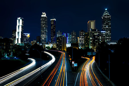 Skyline with lights and roads in Atlanta, Georgia thumbnail