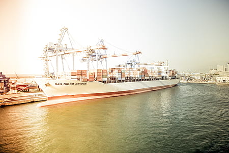 White and Orange Cargo Ship Docking during Daytime thumbnail