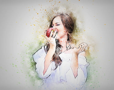 woman eating red apple painting thumbnail
