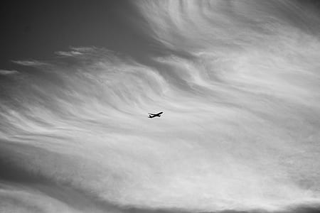 grayscale photo of plane in mid-air thumbnail