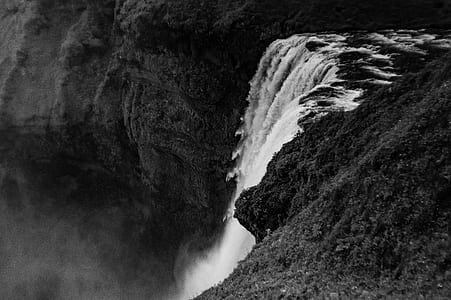 grayscale photography of cascade waterfall thumbnail