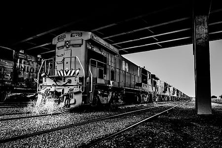 grayscale photograph of locomotive thumbnail
