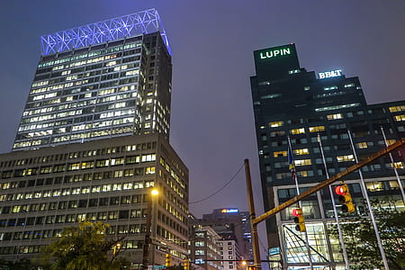 Evening view with illuminated buldings in Baltimore, Maryland. thumbnail