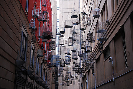 photo of cage hanging in middle of building thumbnail