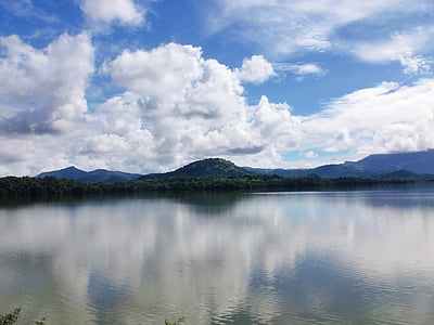 mountains between blue and white cloudy sky and calm lake thumbnail