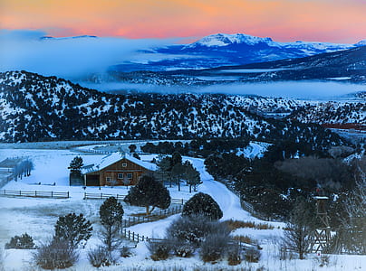 house surrounded by snow covered trees at golden hour thumbnail