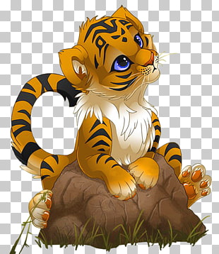 Tiger Cartoon , Cute Little Tiger Cartoon, tiger cub on rock graphic sticker PNG clipart
