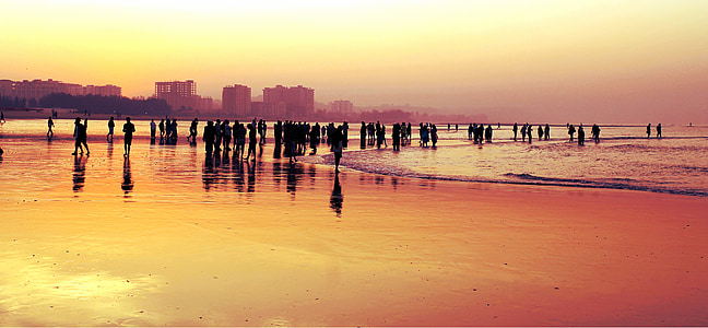 silhouette photo of people walking in sea during golden hour thumbnail