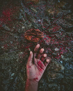 left human palm with red glitters and brown withered rose thumbnail