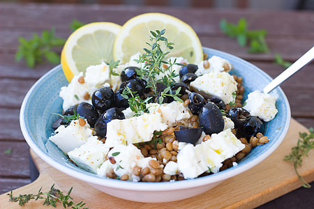 food in blue and white ceramic bowl thumbnail