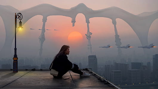 woman sitting on top of building thumbnail