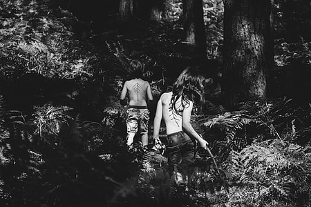 greyscale, picture, two women, woods, child, girl thumbnail