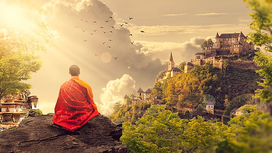 oriental man sitting on a rock near castle thumbnail