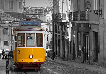 selective color photography of train in between building thumbnail