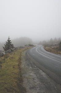 Curvy Asphalt Road Through Fog Covered Mountaion thumbnail